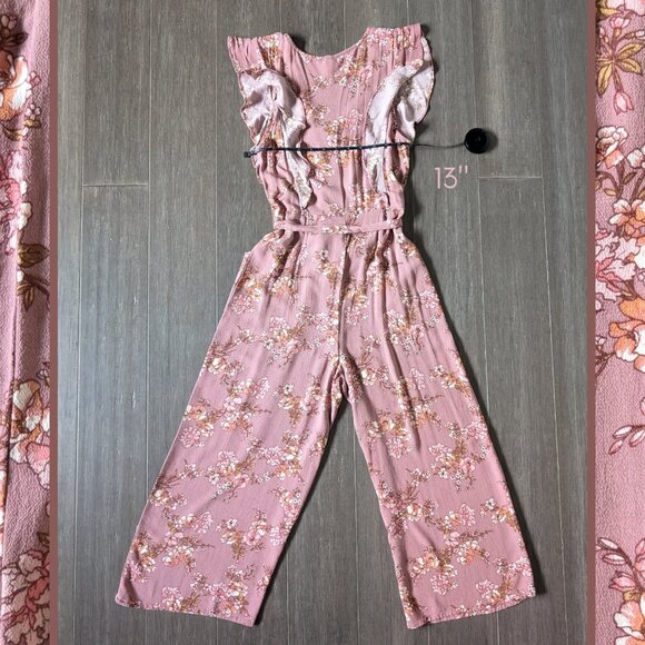Xhilaration, Mauve Floral Cropped Jumpsuit with Ruffles, Vneck, Size S - Picture 14 of 14
